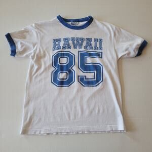 Vintage Hanes Hawaii 85 Ringer Tee White Blue Single Stitch Graphic T Shirt USA